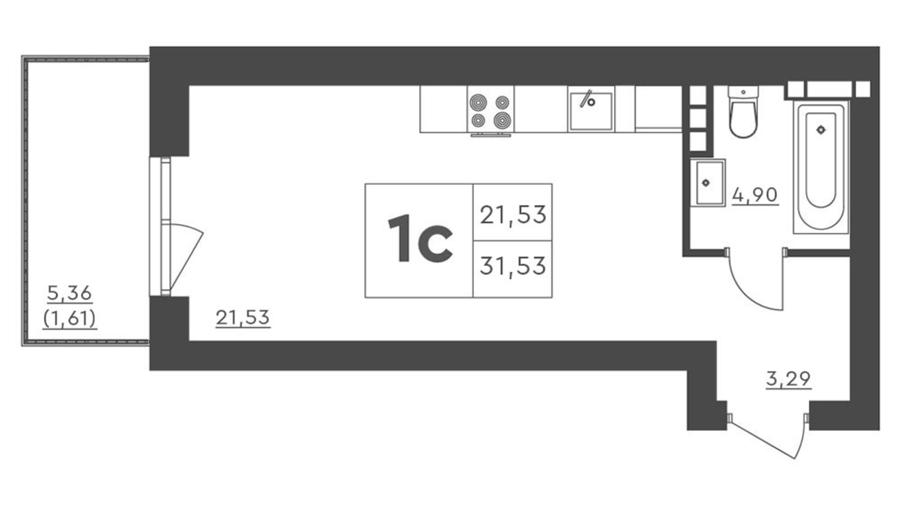 Планировка 1-комнатной квартиры в ЖК Scandia 31.53 м², фото 578661