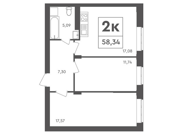 ЖК Scandia: планування 2-кімнатної квартири 58.34 м²