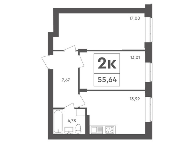 ЖК Scandia: планування 2-кімнатної квартири 55.64 м²