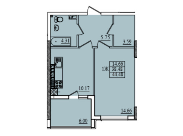 ЖК Парус: планировка 1-комнатной квартиры 45.5 м²