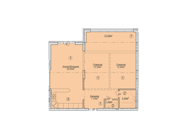 КД Rezydencja Zalizna Voda: планировка 2-комнатной квартиры 84.7 м²