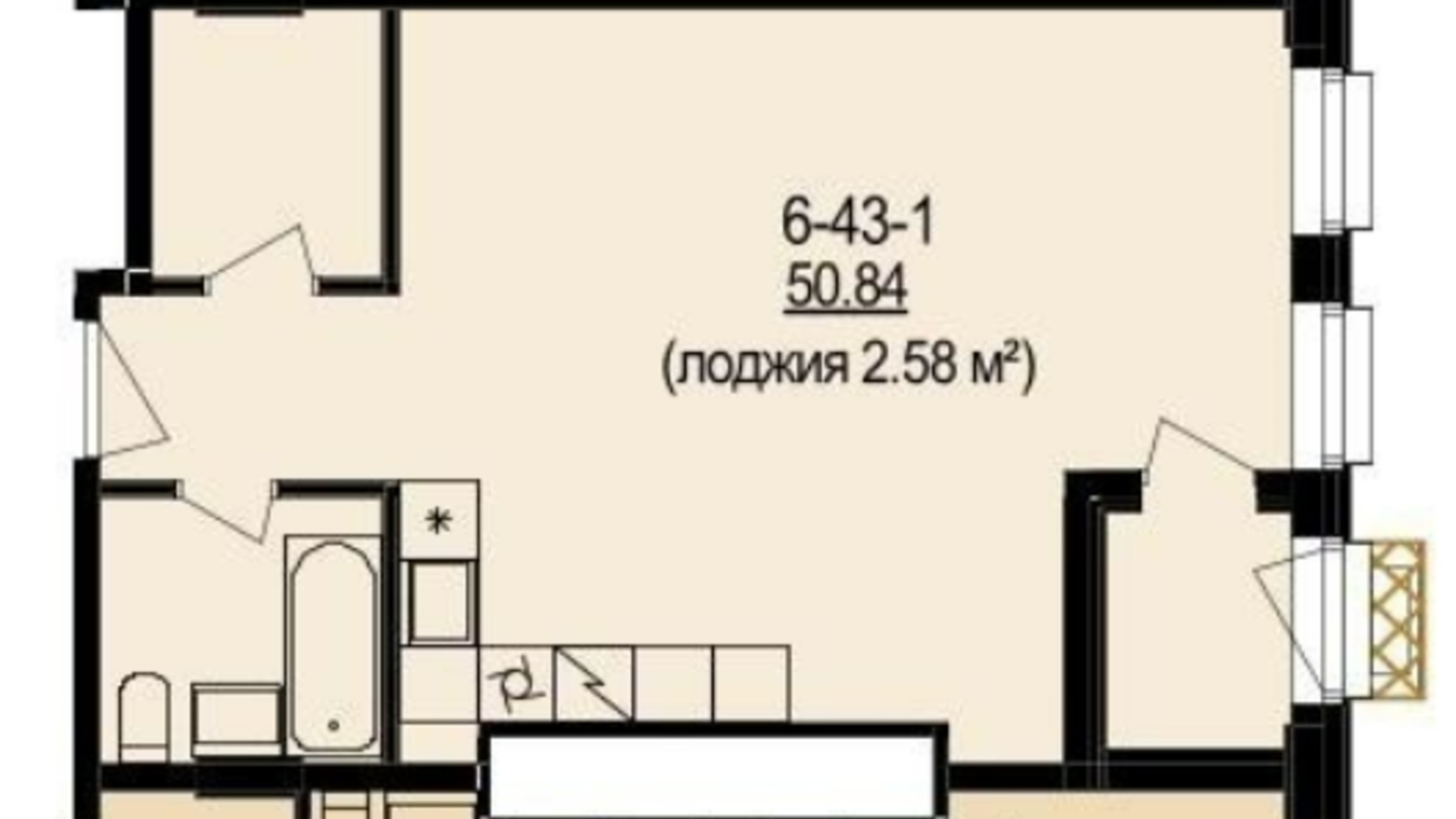 Планування 1-кімнатної квартири в ЖК DeLight Hall 50.84 м², фото 579335