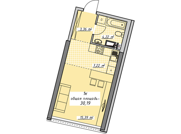 ЖК Атмосфера: планировка 1-комнатной квартиры 30.19 м²