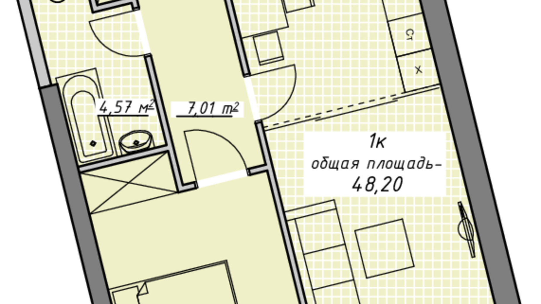 Планування 1-кімнатної квартири в ЖК Атмосфера 48.2 м², фото 579414