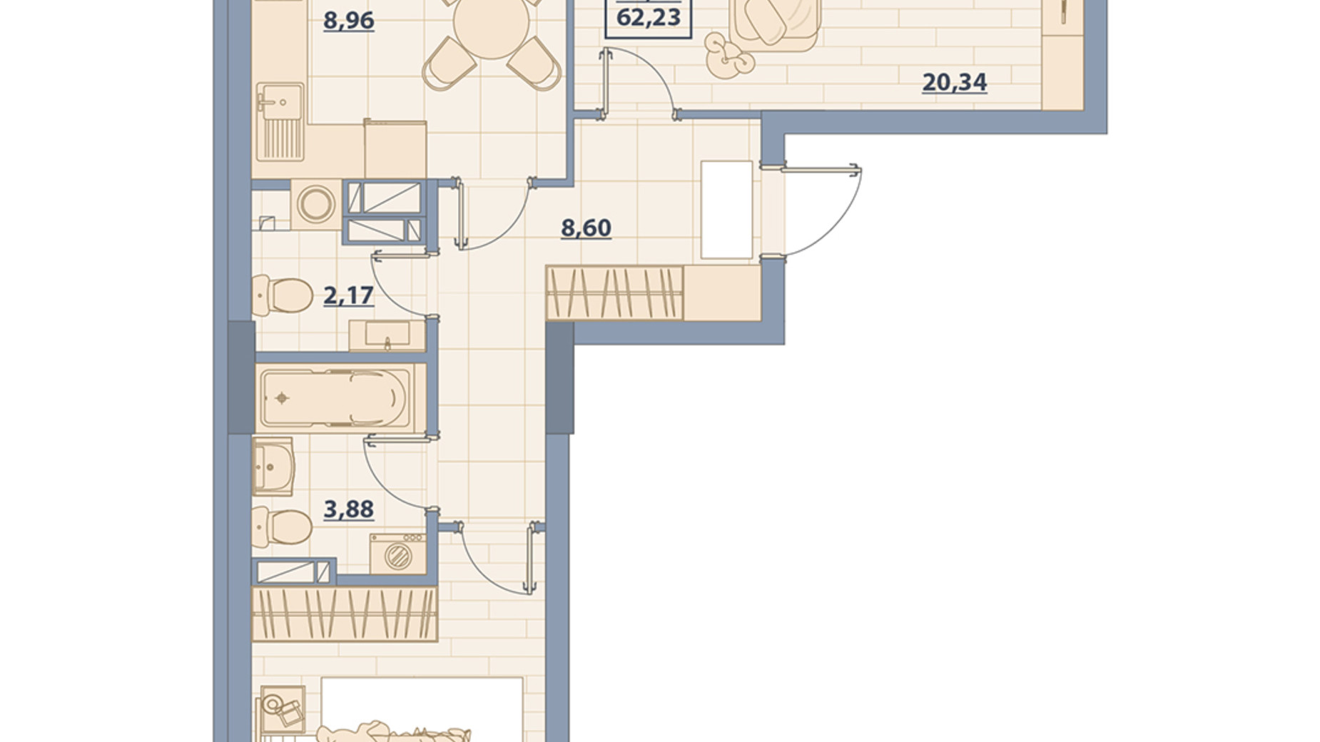 Планування 2-кімнатної квартири в ЖК Centr City 62.23 м², фото 579634
