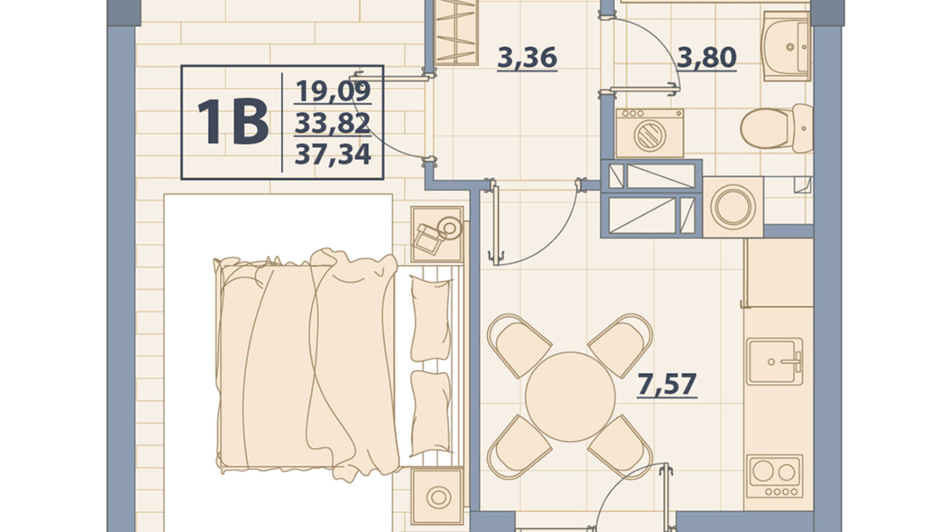 Планування 1-кімнатної квартири в ЖК Centr City 37.34 м², фото 579638
