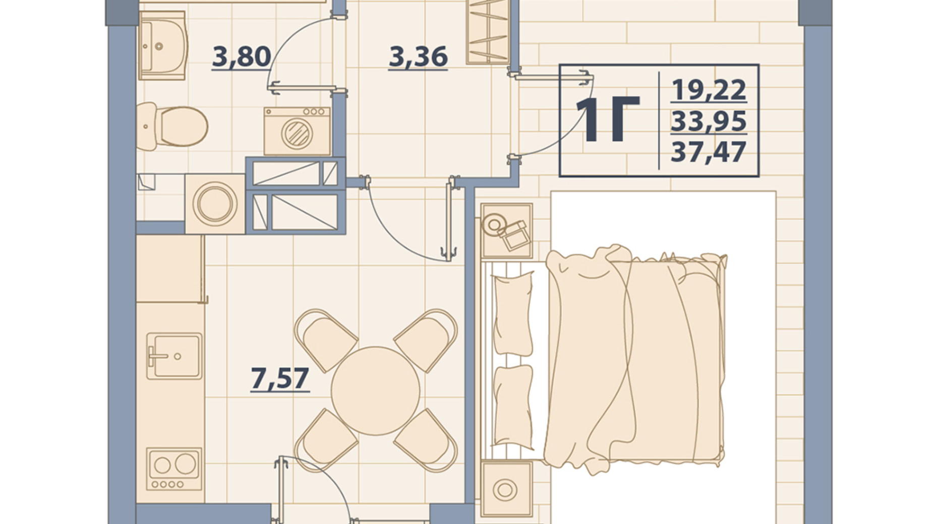 Планування 1-кімнатної квартири в ЖК Centr City 37.47 м², фото 579640