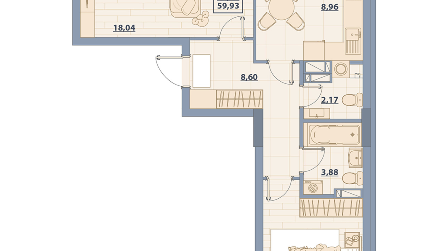 Планування 2-кімнатної квартири в ЖК Centr City 59.93 м², фото 579654