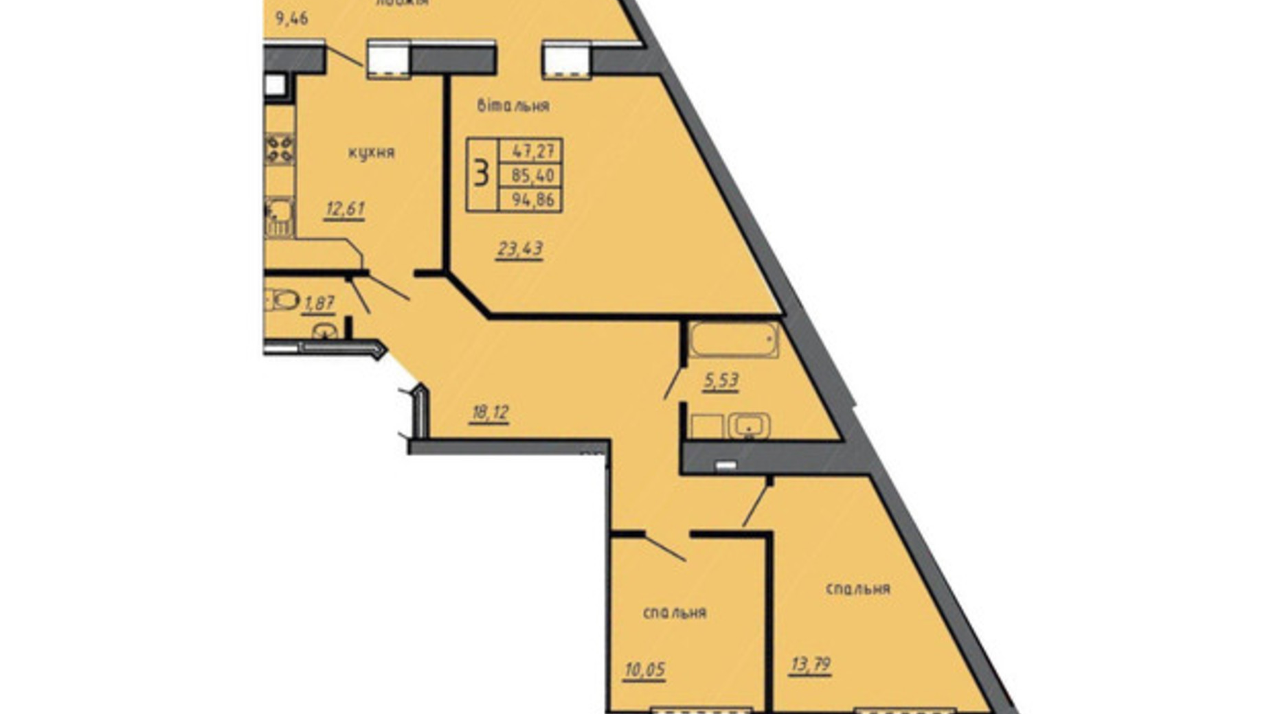 Планировка 3-комнатной квартиры в ЖК Новые Байковцы 94.86 м², фото 579674