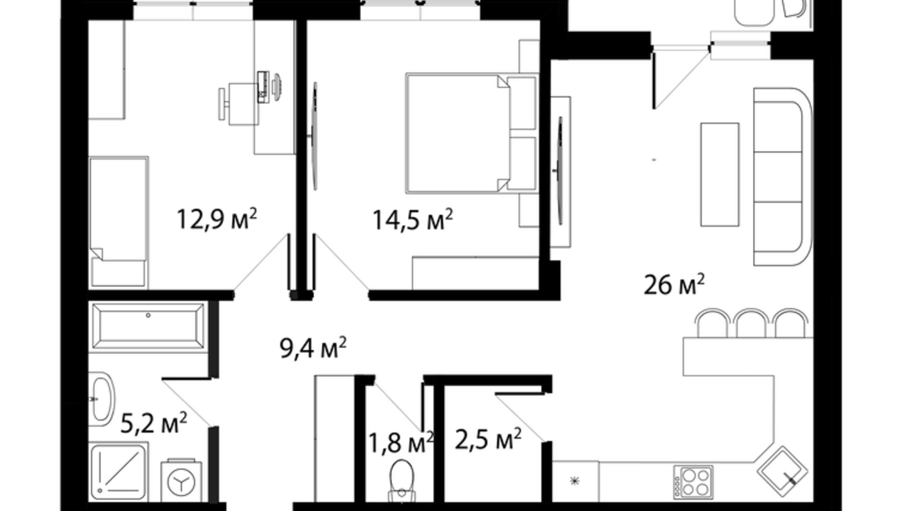 Планування 2-кімнатної квартири в ЖК Grand Hills 74 м², фото 579847