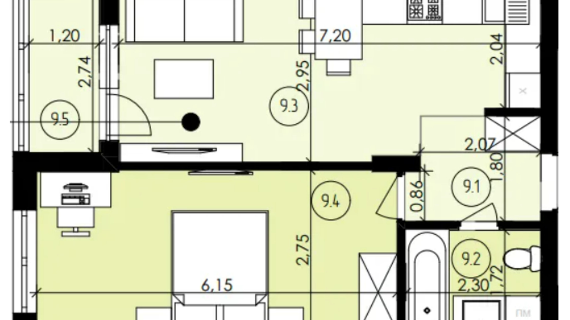 Планування 1-кімнатної квартири в ЖК ЕкоПарк 48 м², фото 579864