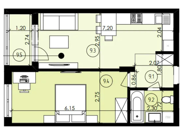 ЖК ЕкоПарк: планування 1-кімнатної квартири 47.46 м²