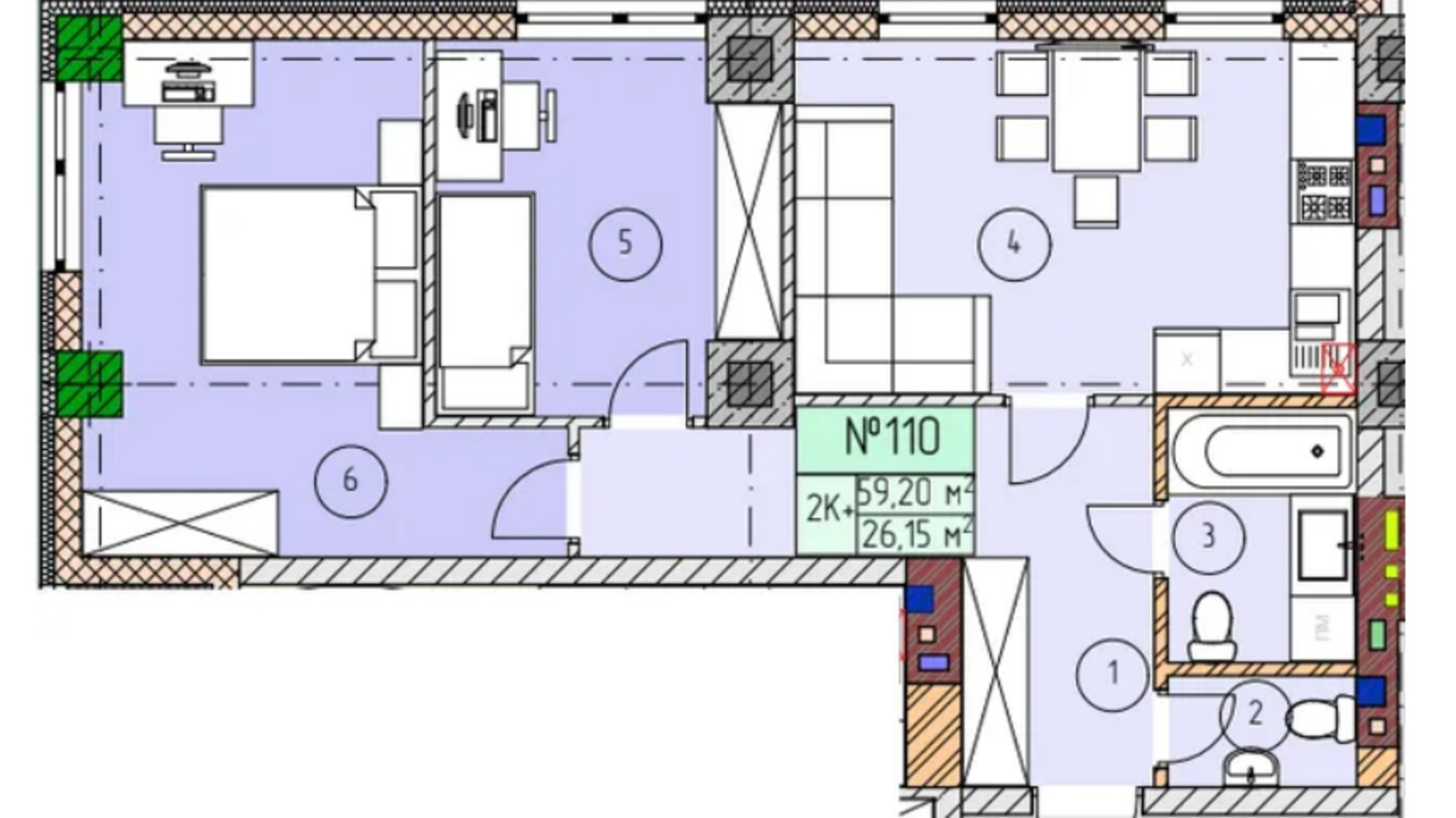 Планировка 2-комнатной квартиры в ЖК ЭкоПарк 60 м², фото 579872