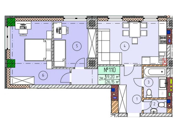 ЖК ЭкоПарк: планировка 2-комнатной квартиры 59.2 м²