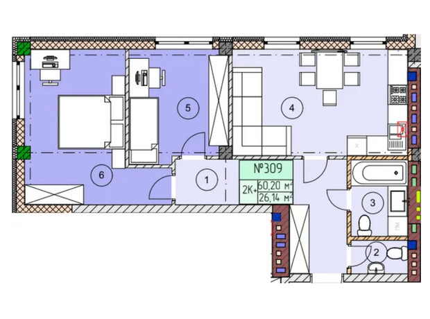 ЖК ЭкоПарк: планировка 2-комнатной квартиры 60.2 м²