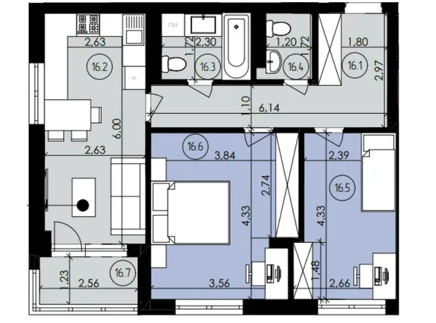 ЖК ЭкоПарк: планировка 2-комнатной квартиры 61.86 м²
