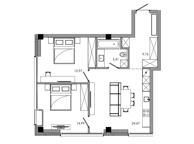 ЖК Maverick: планировка 2-комнатной квартиры 72.11 м²