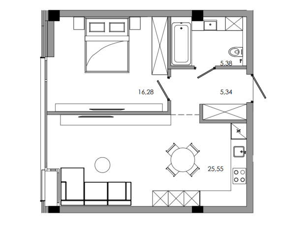 ЖК Maverick: планування 1-кімнатної квартири 53.64 м²