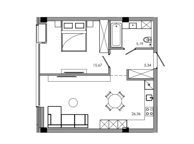 ЖК Maverick: планування 1-кімнатної квартири 53.65 м²