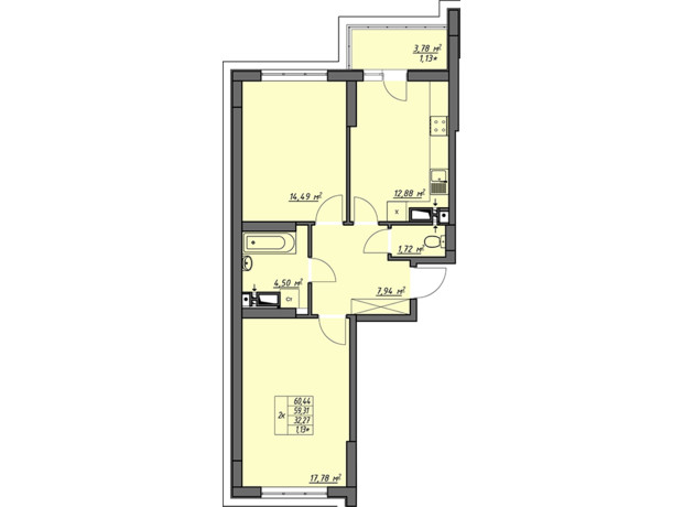 ЖК Одесские традиции: планировка 2-комнатной квартиры 60.44 м²