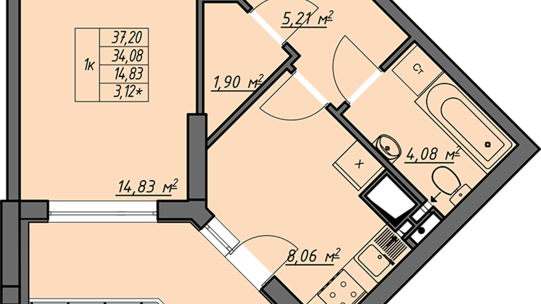 Планування 1-кімнатної квартири в ЖК Одеські традиції 37.2 м², фото 580012