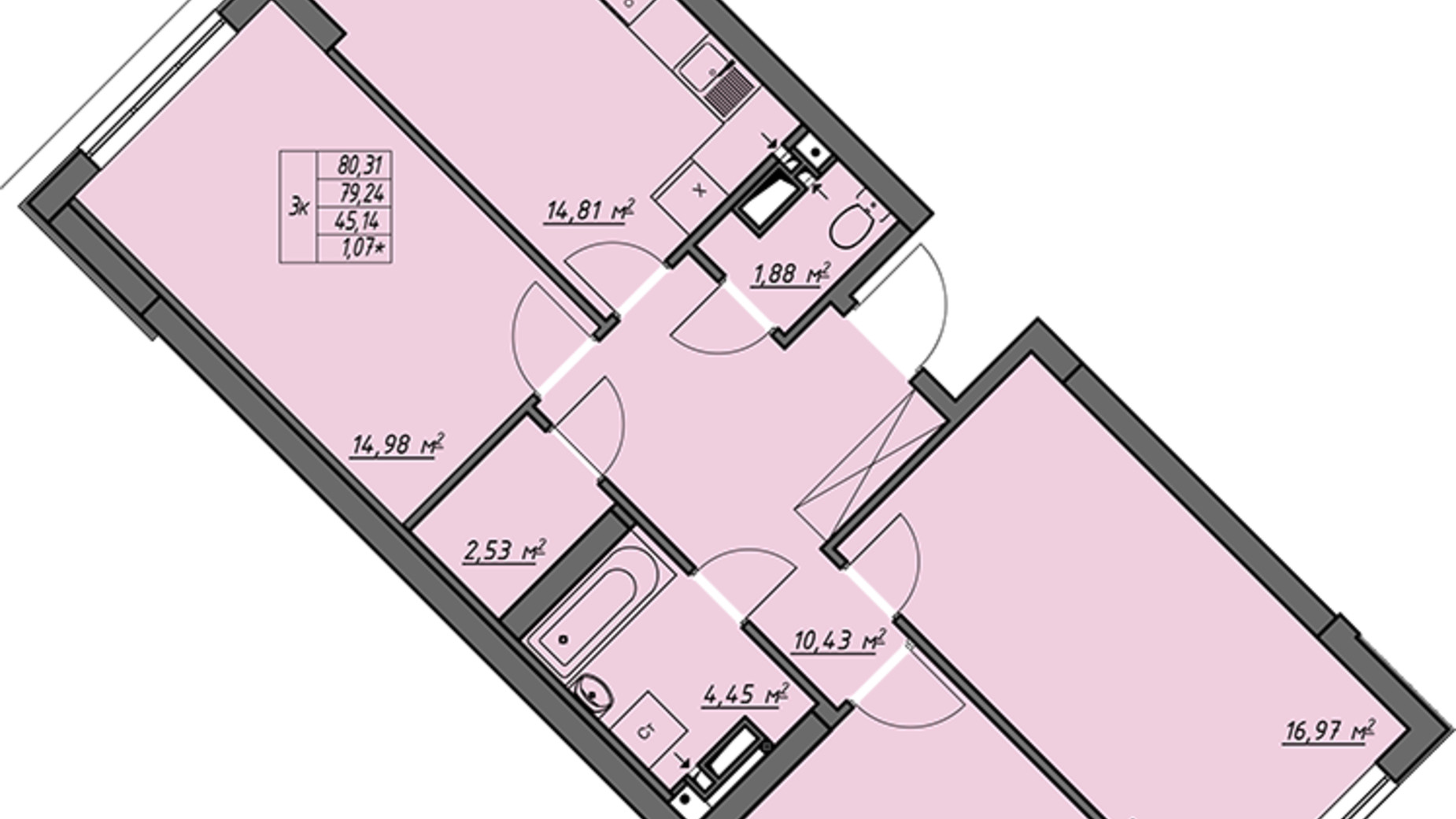 Планировка 3-комнатной квартиры в ЖК Одесские традиции 80.25 м², фото 580014