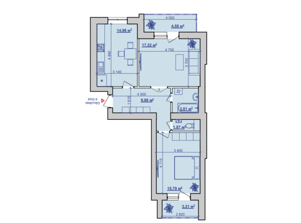 ЖК ул. Горбачевского, 40б: планировка 2-комнатной квартиры 68.21 м²