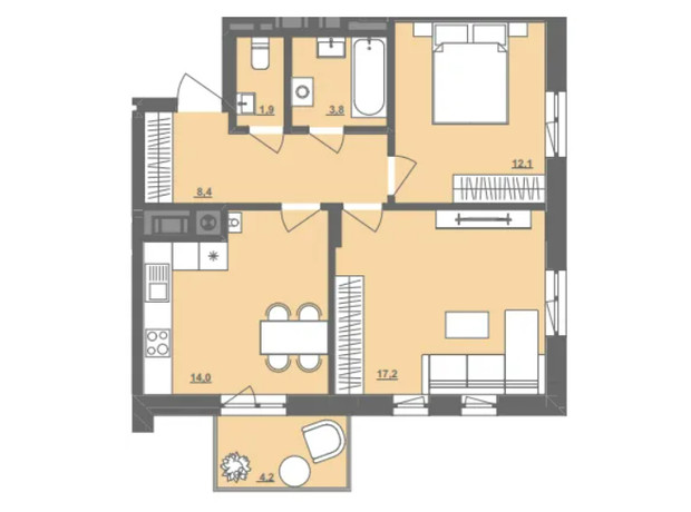 ЖК Центральный: планировка 2-комнатной квартиры 58.6 м²