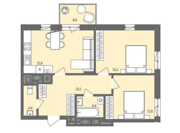ЖК Центральный: планировка 2-комнатной квартиры 63.9 м²