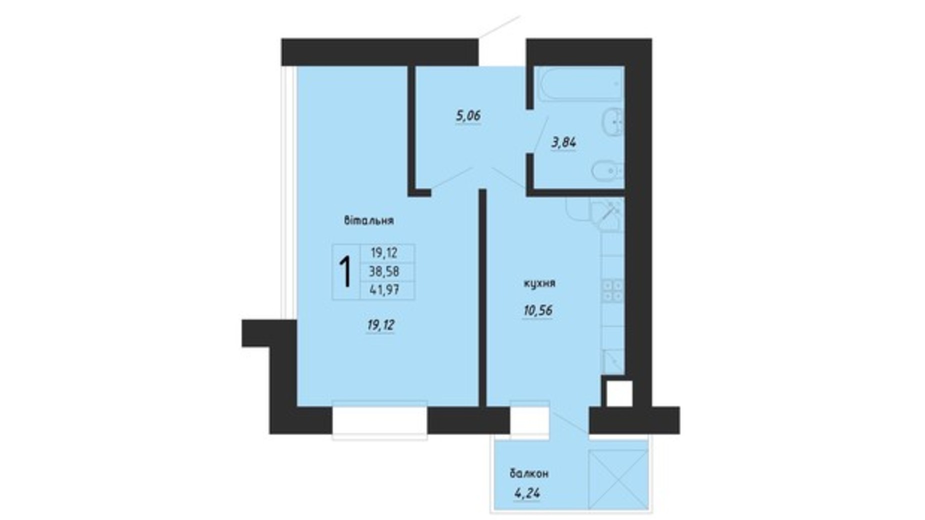 Планування 1-кімнатної квартири в ЖК Нові Байківці 41.97 м², фото 580228