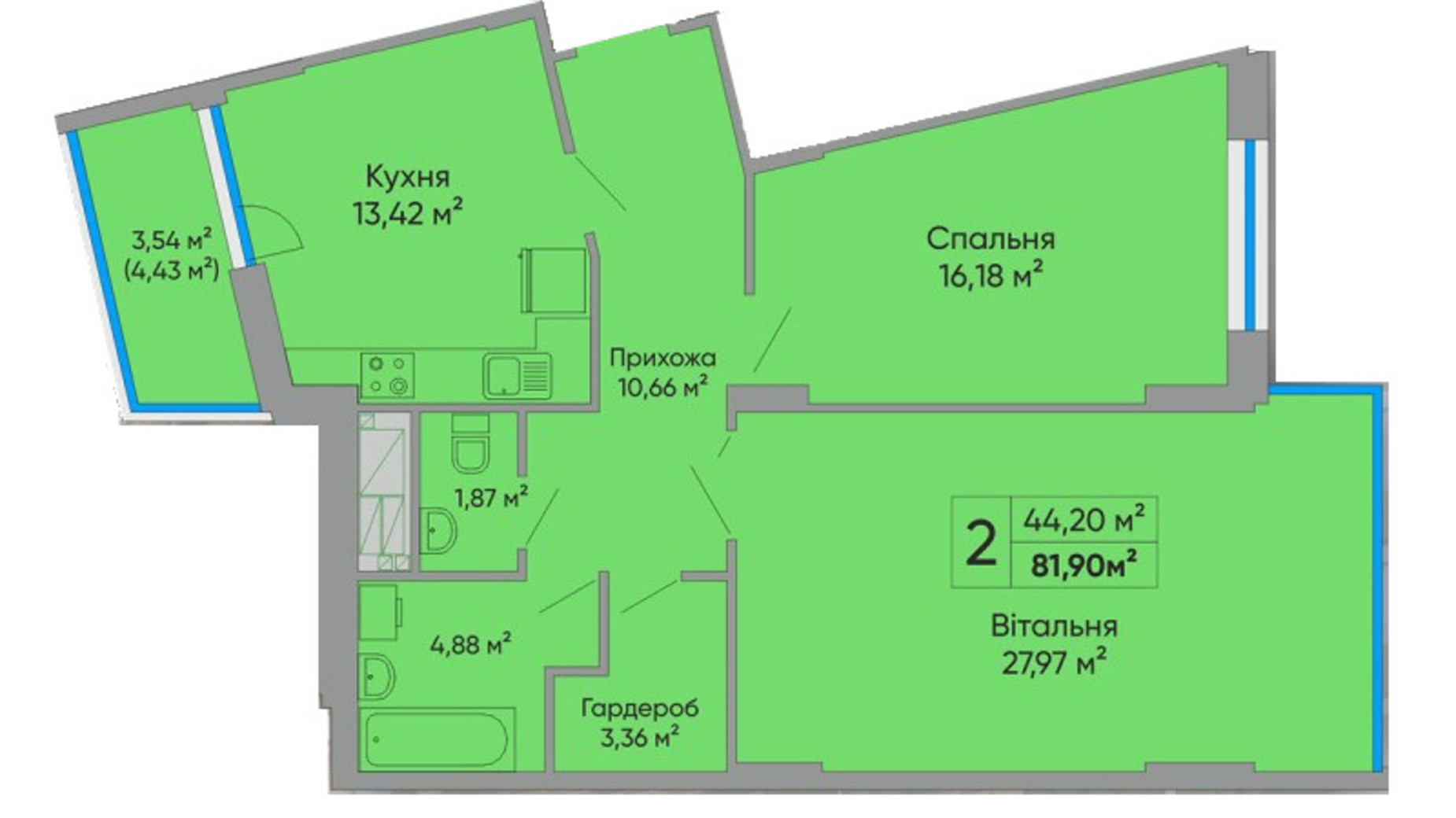 Планування 2-кімнатної квартири в ЖК Централ Хол 81.9 м², фото 580563