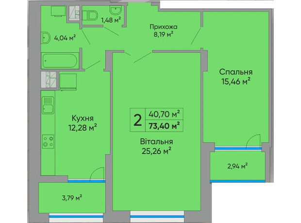 ЖК Централ Холл: планировка 2-комнатной квартиры 67 м²