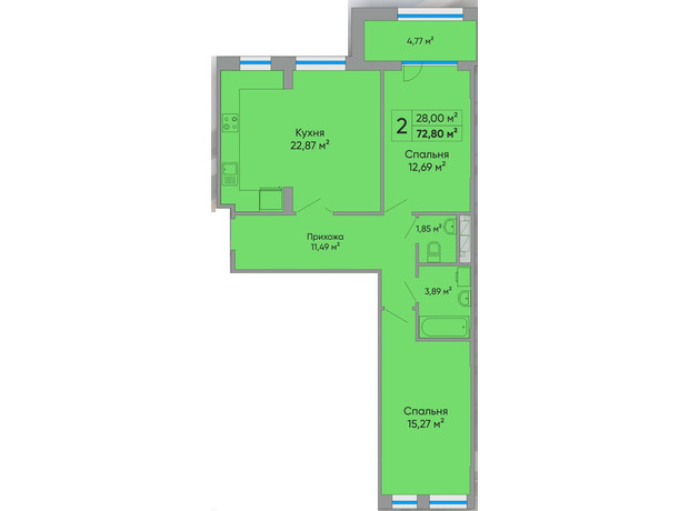 ЖК Централ Холл: планировка 2-комнатной квартиры 70.1 м²