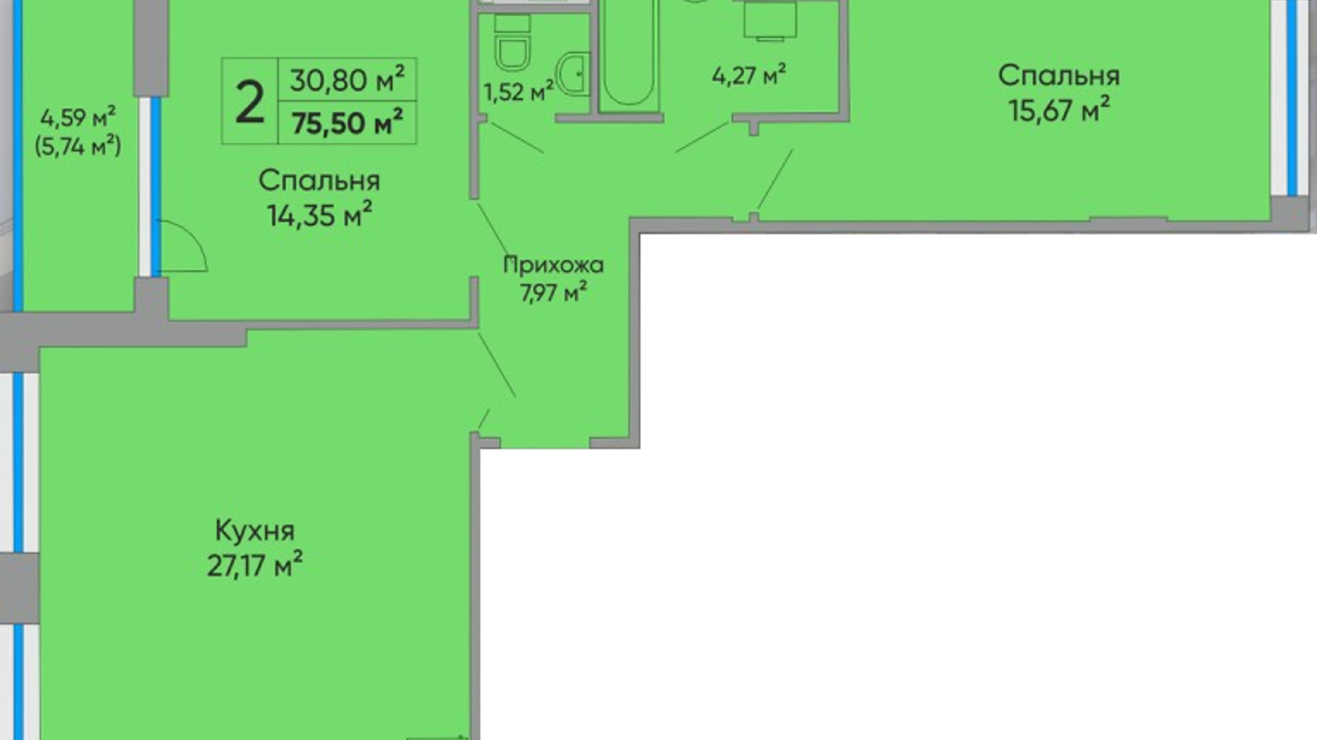 Планування 2-кімнатної квартири в ЖК Централ Хол 75.5 м², фото 580571