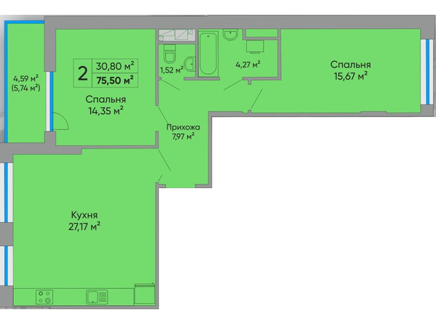 ЖК Централ Хол: планування 2-кімнатної квартири 75.5 м²