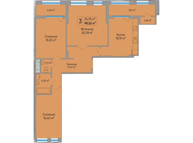 ЖК Централ Холл: планировка 3-комнатной квартиры 87.6 м²