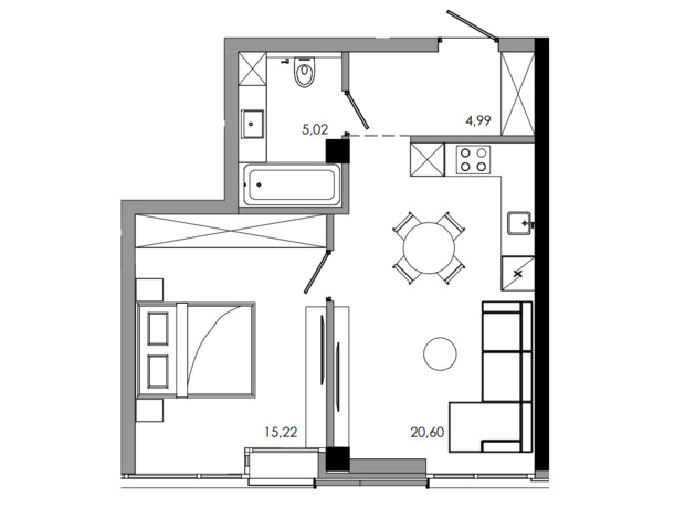 ЖК Maverick: планування 1-кімнатної квартири 46.63 м²