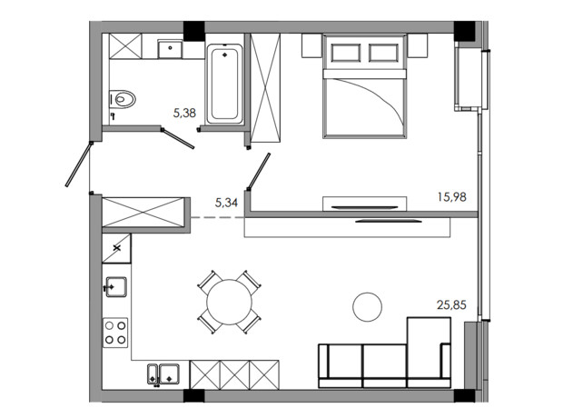 ЖК Maverick: планировка 1-комнатной квартиры 53.64 м²