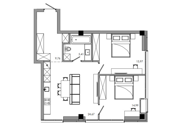 ЖК Maverick: планування 2-кімнатної квартири 72.11 м²