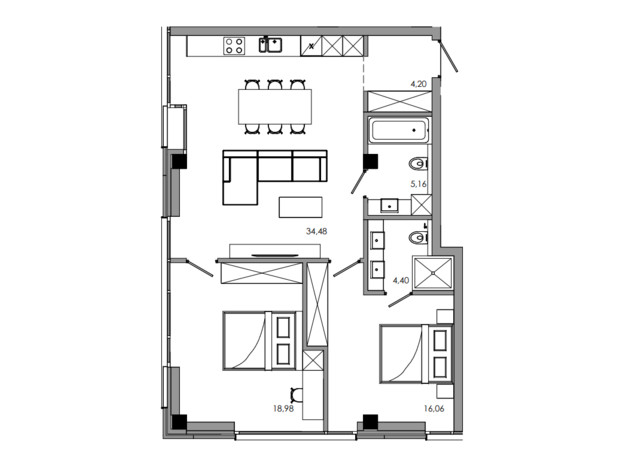 ЖК Maverick: планування 2-кімнатної квартири 85.38 м²