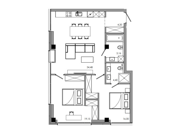 ЖК Maverick: планування 2-кімнатної квартири 85.71 м²