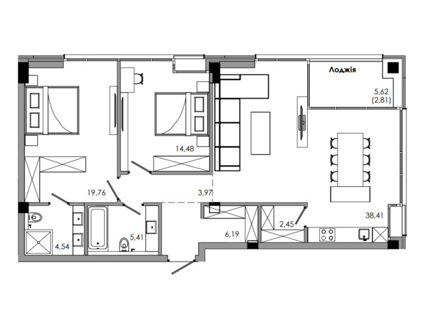 ЖК Maverick: планування 2-кімнатної квартири 100.77 м²