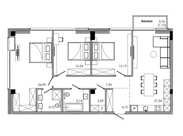 ЖК Maverick: планування 3-кімнатної квартири 111.95 м²