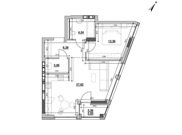 ЖК Шенген: планировка 1-комнатной квартиры 56.02 м²