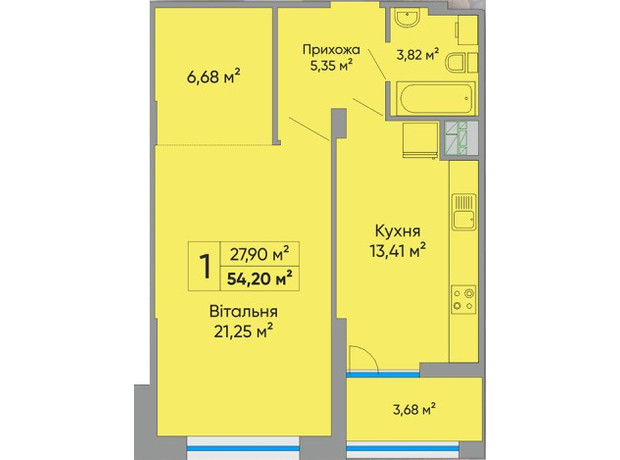 ЖК Централ Холл: планировка 1-комнатной квартиры 54.8 м²