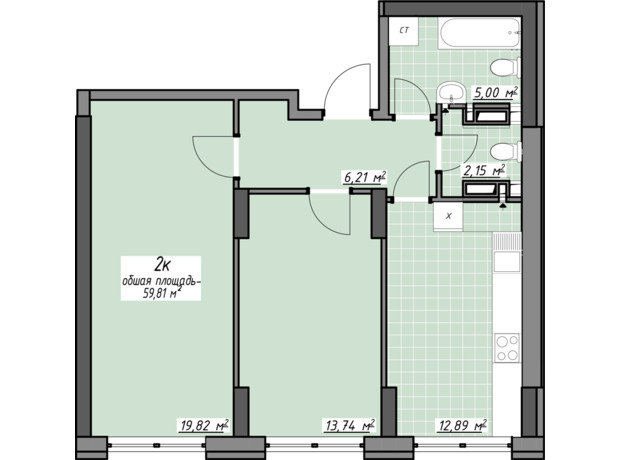 ЖК Одеські традиції на Глушко: планування 2-кімнатної квартири 59.81 м²