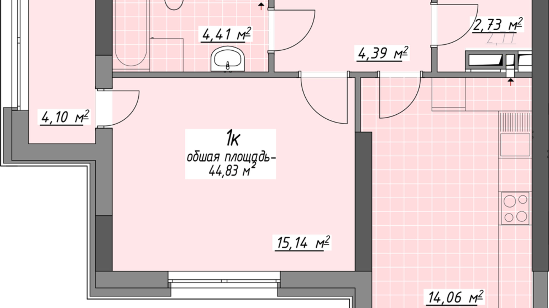 Планировка 1-комнатной квартиры в ЖК Одесские традиции на Глушко 44.83 м², фото 580927