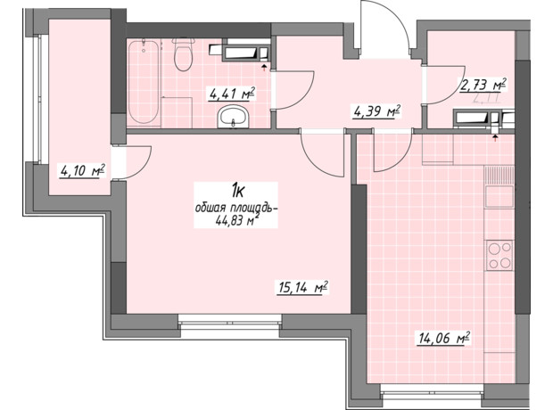 ЖК Одесские традиции на Глушко: планировка 1-комнатной квартиры 44.83 м²