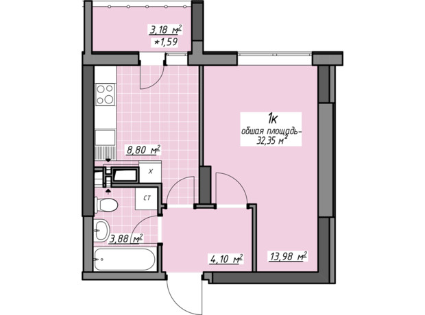 ЖК Одесские традиции на Глушко: планировка 1-комнатной квартиры 32.04 м²