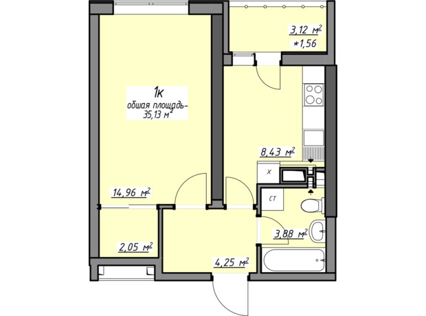 ЖК Одеські традиції на Глушко: планування 1-кімнатної квартири 35.15 м²